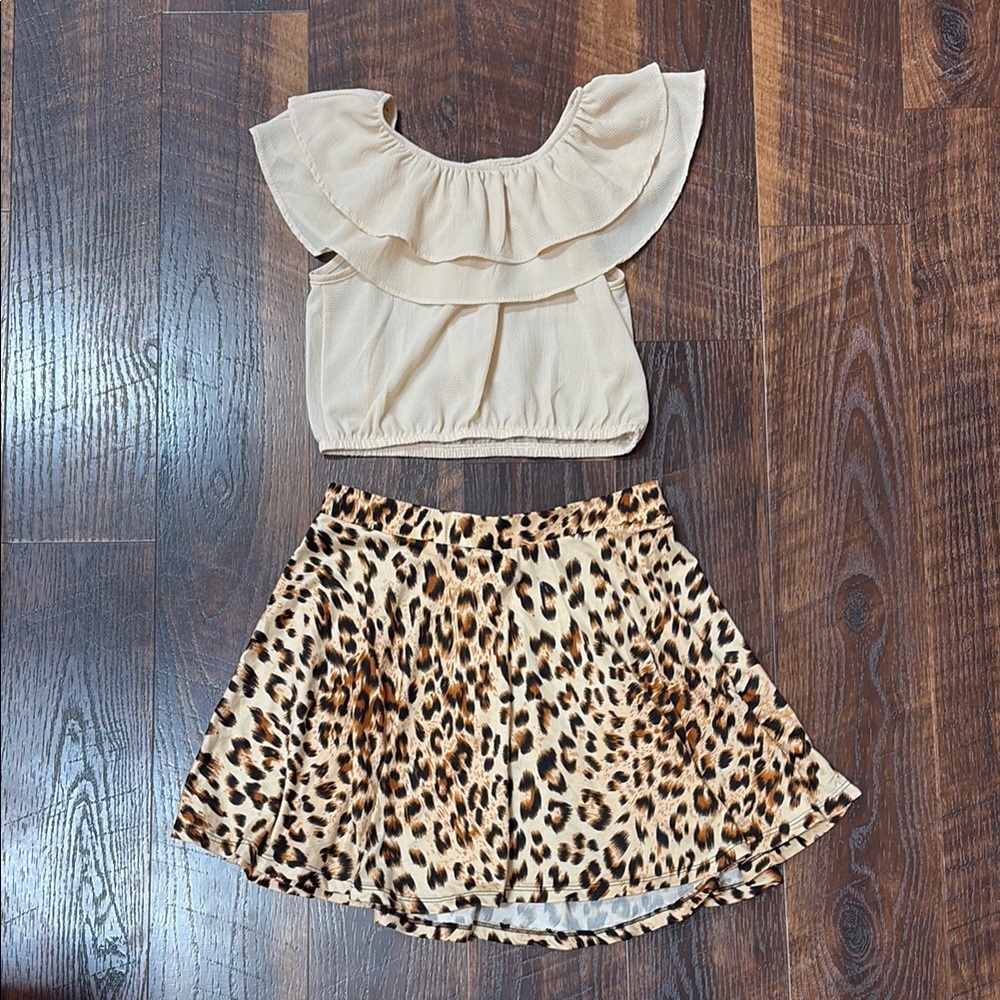 Leopard Print Skirt and Cream Top Set for Kids